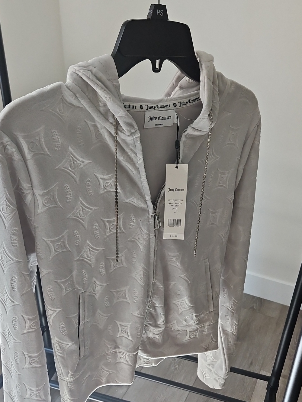 Juicy Couture Light Gray Embossed Velour Zip Hoodie with Rhinestone Drawstrings